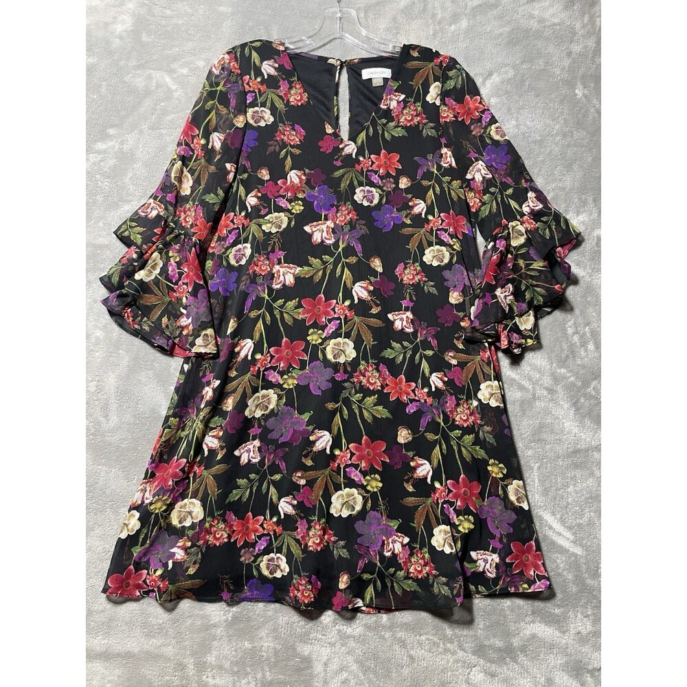 Calvin Klein Chiffon Floral Print Ruffle Bell Sleeve Shift Dress Women’s Size 4